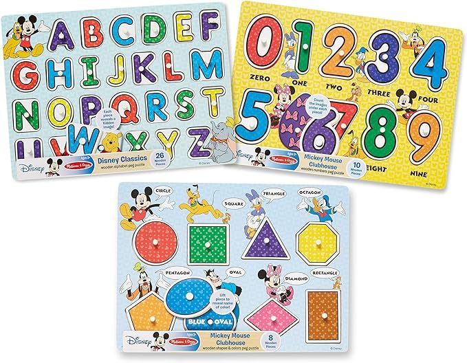Melissa & Doug Disney Wooden Peg Puzzles Set: Letters, Numbers, and Shapes and Colors | Amazon (US)