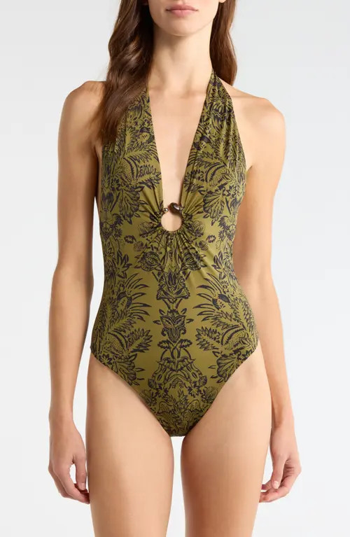 Ulla Johnson Milos One-Piece Swimsuit in Olive Flora at Nordstrom, Size X-Large | Nordstrom