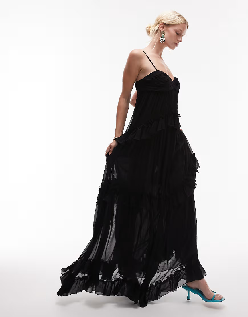 Mango featuring Kaia Gerber premium bandeau ruffle tiered detail maxi dress in black | ASOS (Global)