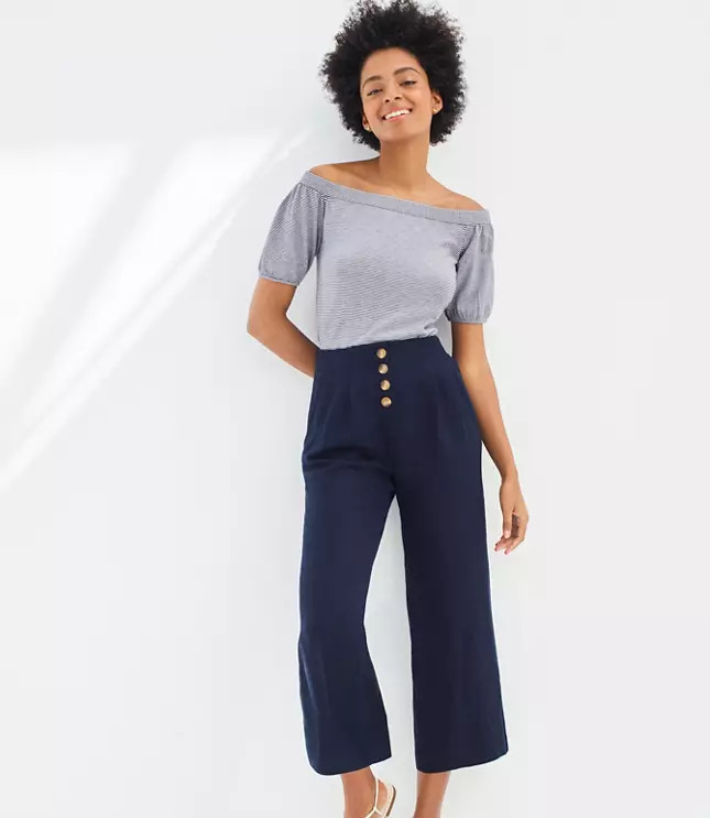 Linen Blend Button Front Wide Leg Pants | LOFT