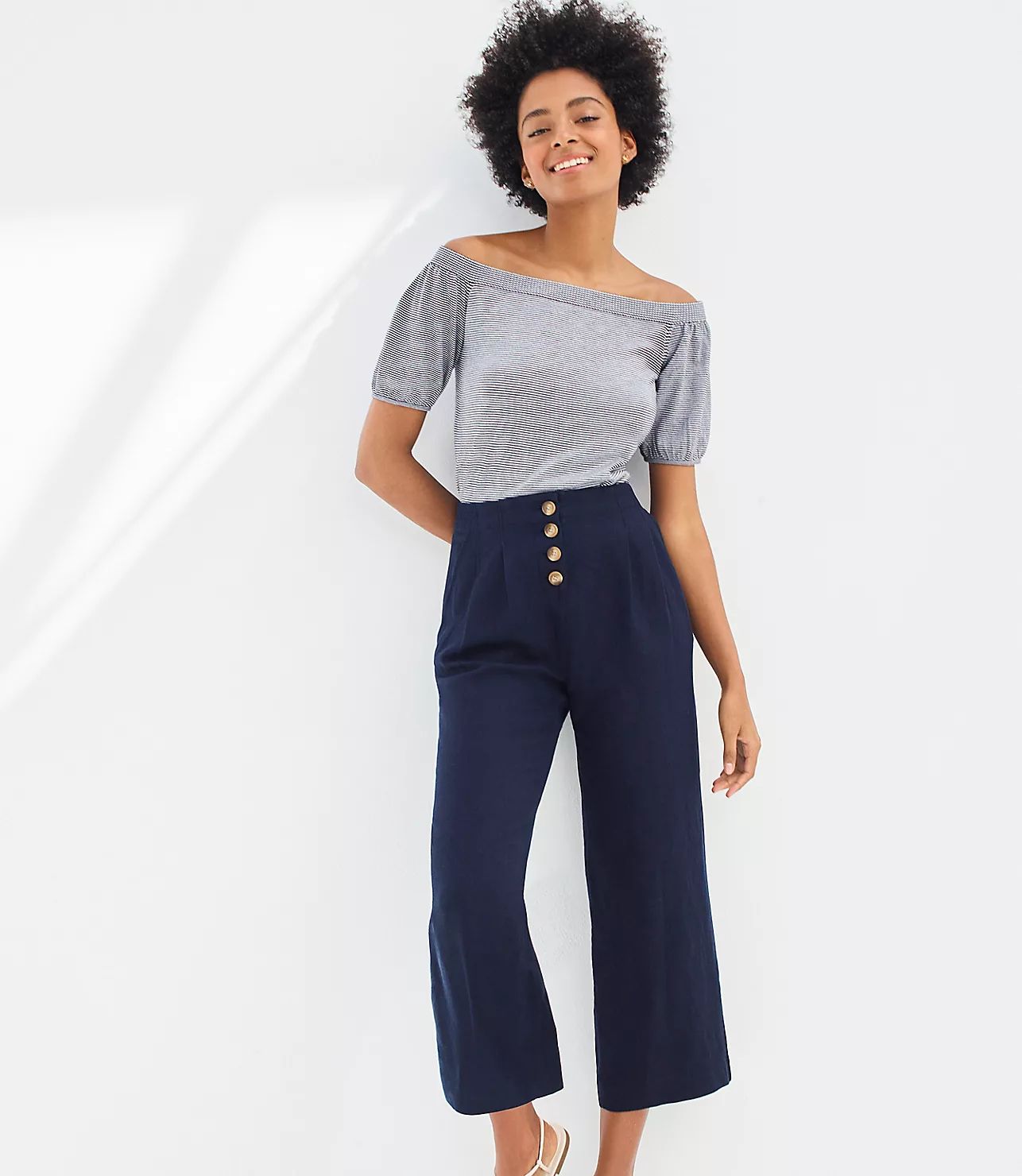 Linen Blend Button Front Wide Leg Pants | LOFT