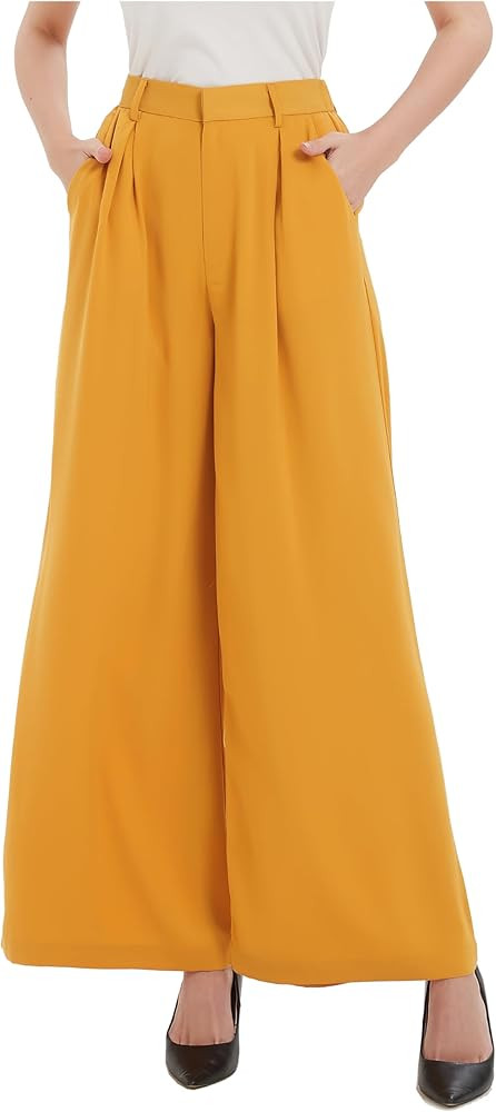 Tronjori Women High Waist Casual Wide Leg Long Palazzo Pants Trousers Regular Size | Amazon (US)