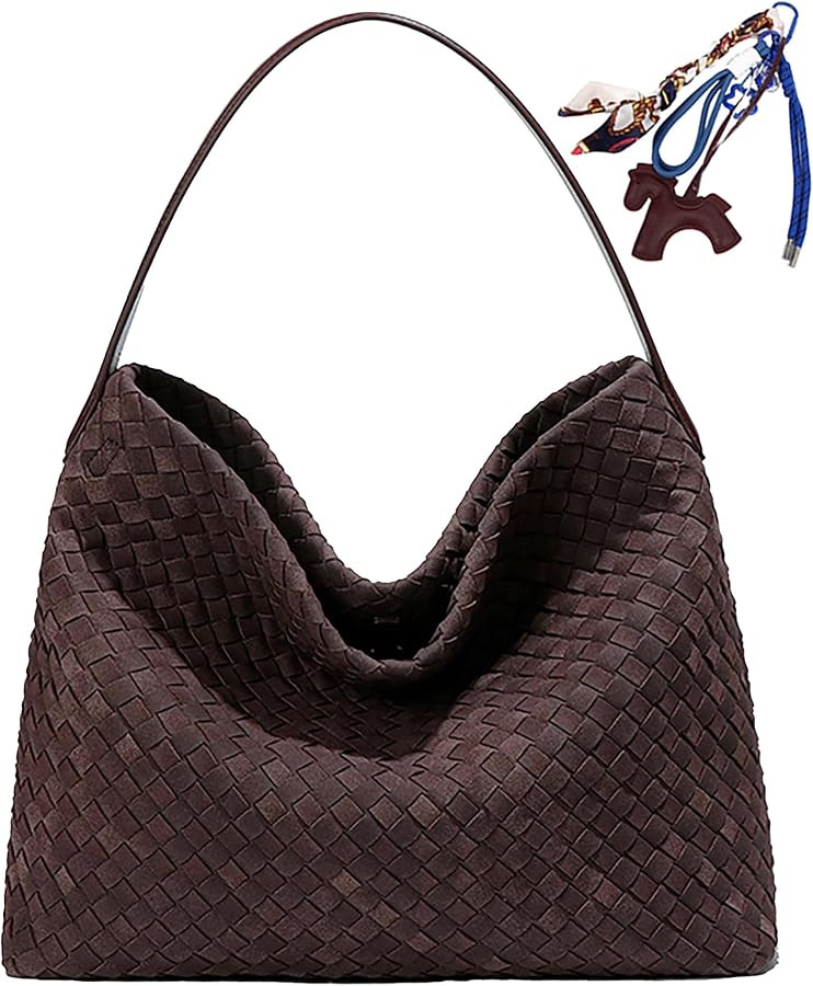 Suede Hobo Bags for Women Fall Woven Purse Slouchy Shoulder Crossbody Bag with Silk Scarf | Amazon (US)