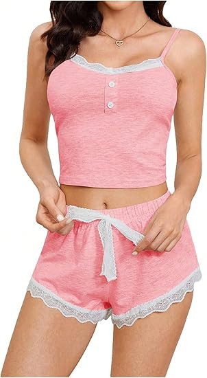 Milumia Women's Sexy 2 Pieces Pajama Set Sleeveless Lace Trim Crop Cami Top and Shorts Sleep Set ... | Amazon (US)