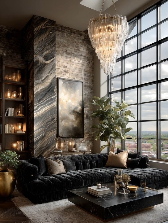 The ultimate modern “boy apartment” look — elevated, bold, and effortlessly luxurious.
This high-rise interior proves that black interiors work beautifully when paired with the right lighting. During the day, natural light softens the deep tones. At night, a statement chandelier or warm floor lamps instantly transform the space into a hotel-level retreat.

The formula is simple and timeless: a black velvet sofa, black marble or stone coffee table, layered neutral cushions, gold planters, and one dramatic lighting piece. Add art if you like — that part is personal — but the foundation stays strong, masculine, and modern.

This is high-rise living done right: minimal effort, maximum impact, and a look that feels confident without being overdesigned.

#BoyApartment #MasculineInteriors #ModernLuxuryHome #HighRiseLiving #BlackInteriorDesign #BlackVelvetSofa #StatementChandelier #LuxuryLivingRoom #MoodyInteriors #ModernApartmentDecor #HotelLuxuryStyle #ContemporaryHomeDecor #InteriorDesignInspo #LuxuryApartment 

 #LTKHome