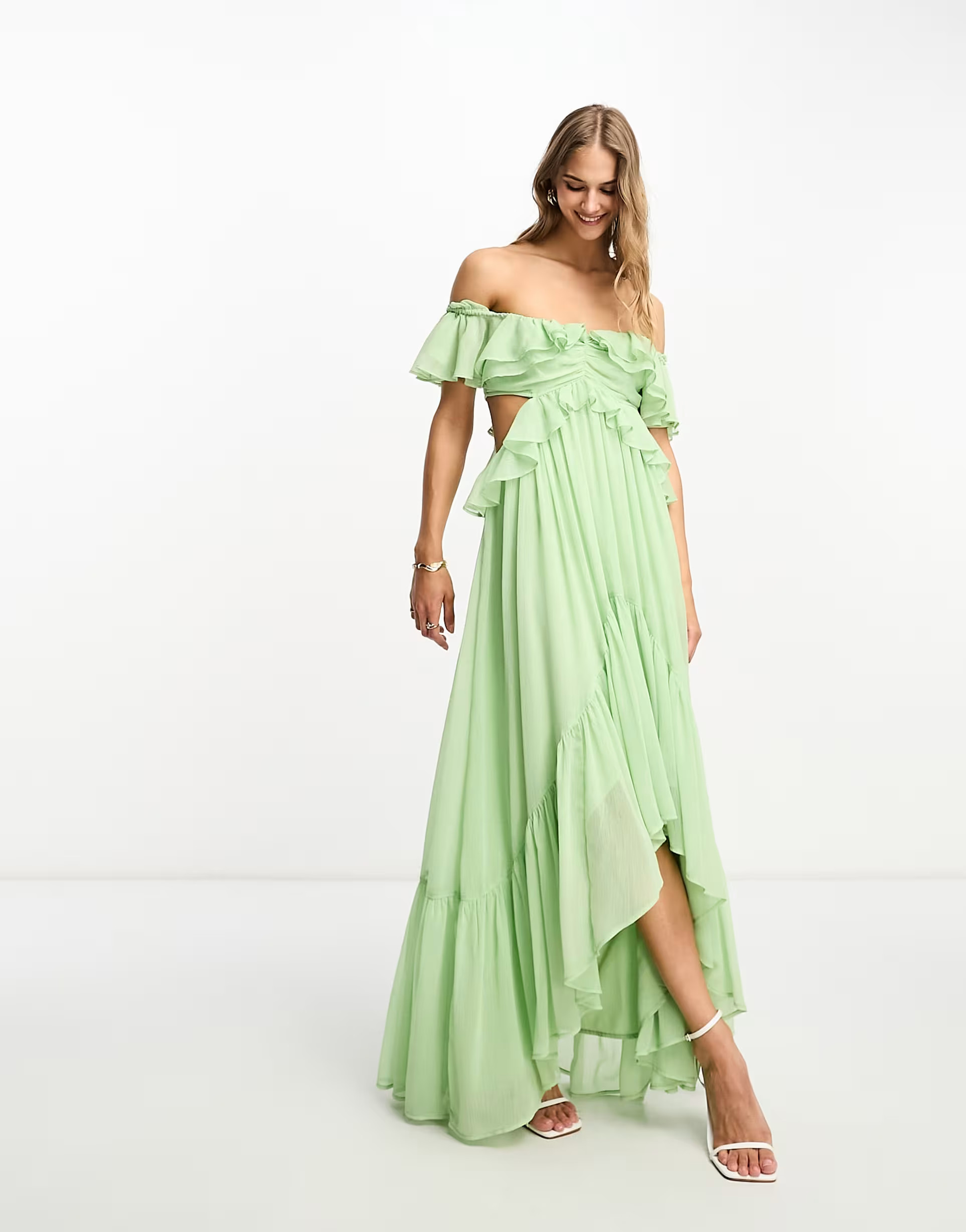 ASOS DESIGN ruffle cut out off the shoulder maxi dress with hi low hem in sage green | ASOS (Global)