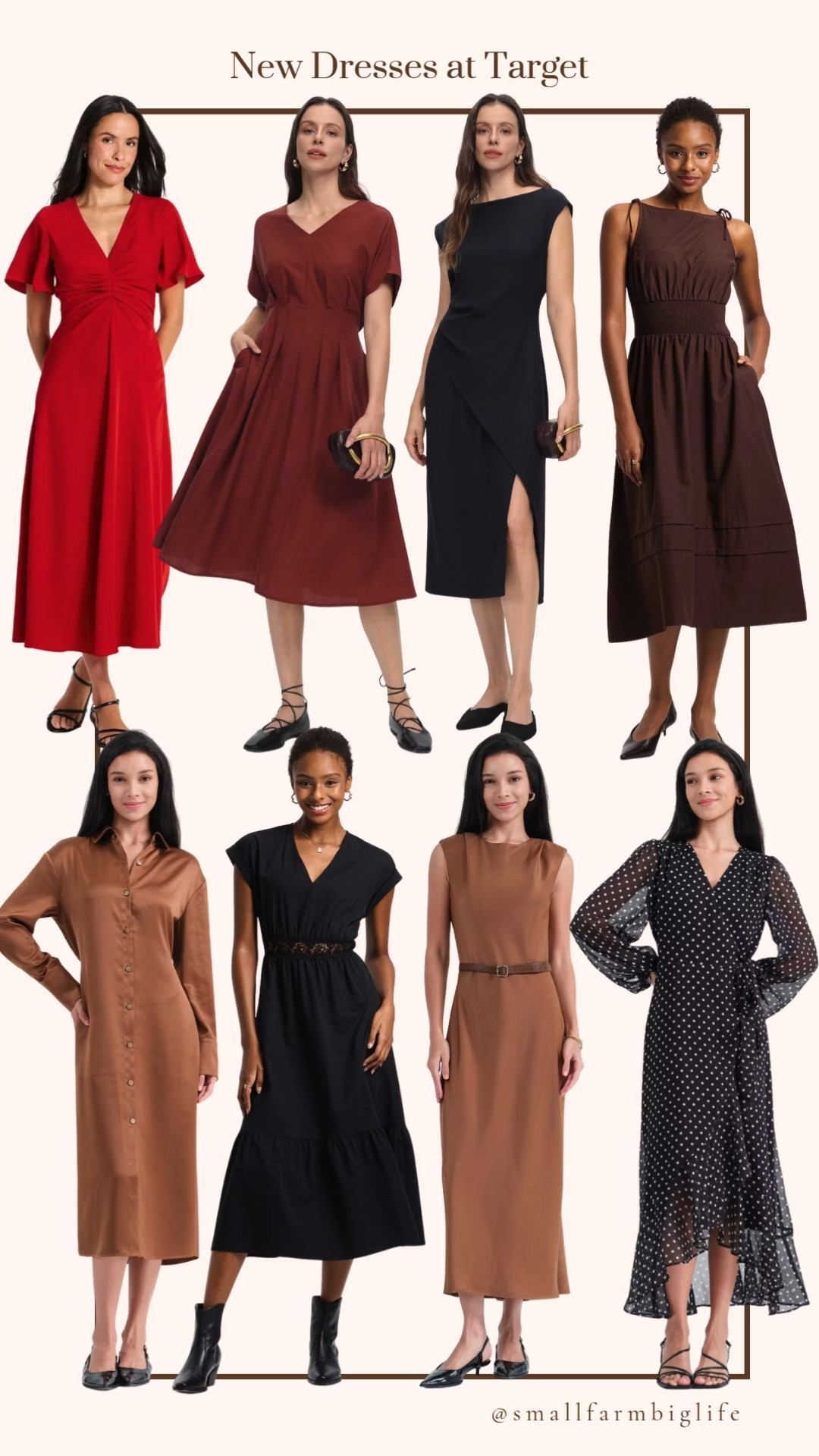 New dresses at Target from A New Day have such an elevated, easy to wear feel for fall dresses this season.

The red Short Flutter Sleeve Ruched Maxi Dress has such a pretty, feminine detail, and the maroon Dolman Kimono Back Tie Midi Dress brings a soft, relaxed silhouette. The dark blue Cap Sleeve Shirring Wrap Midi Dress and the black Cap Sleeve Lace Waist A Line Midi Dress are both dressy enough for a date night outfit or a special occasion.

The camel Satin Midi Sheath Dress has such a sleek, polished look, and the chocolate Tie Strap A Line Midi Dress is an easy, versatile pick for the office or a casual outing. The camel Long Sleeve Tie Waist Midi Shirtdress rounds out the neutral options with a classic, structured shape, and the black polka dot Balloon Long Sleeve Maxi Wrap Dress finishes the lineup with a fun, statement making silhouette.

So many great new dresses to shop for fall, all linked for you.

#target #falldresses #fallfashion #falloutfits #datenightoutfits 

 #LTKootd #LTKOver40 #LTKWorkwear