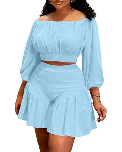 Plus Size Women 2 Piece Matching Lounge Set Off Shoulder Lantern Sleeve Top Ruffle Shorts Set Tracksuits Sky Blue 2XL | Amazon (US)