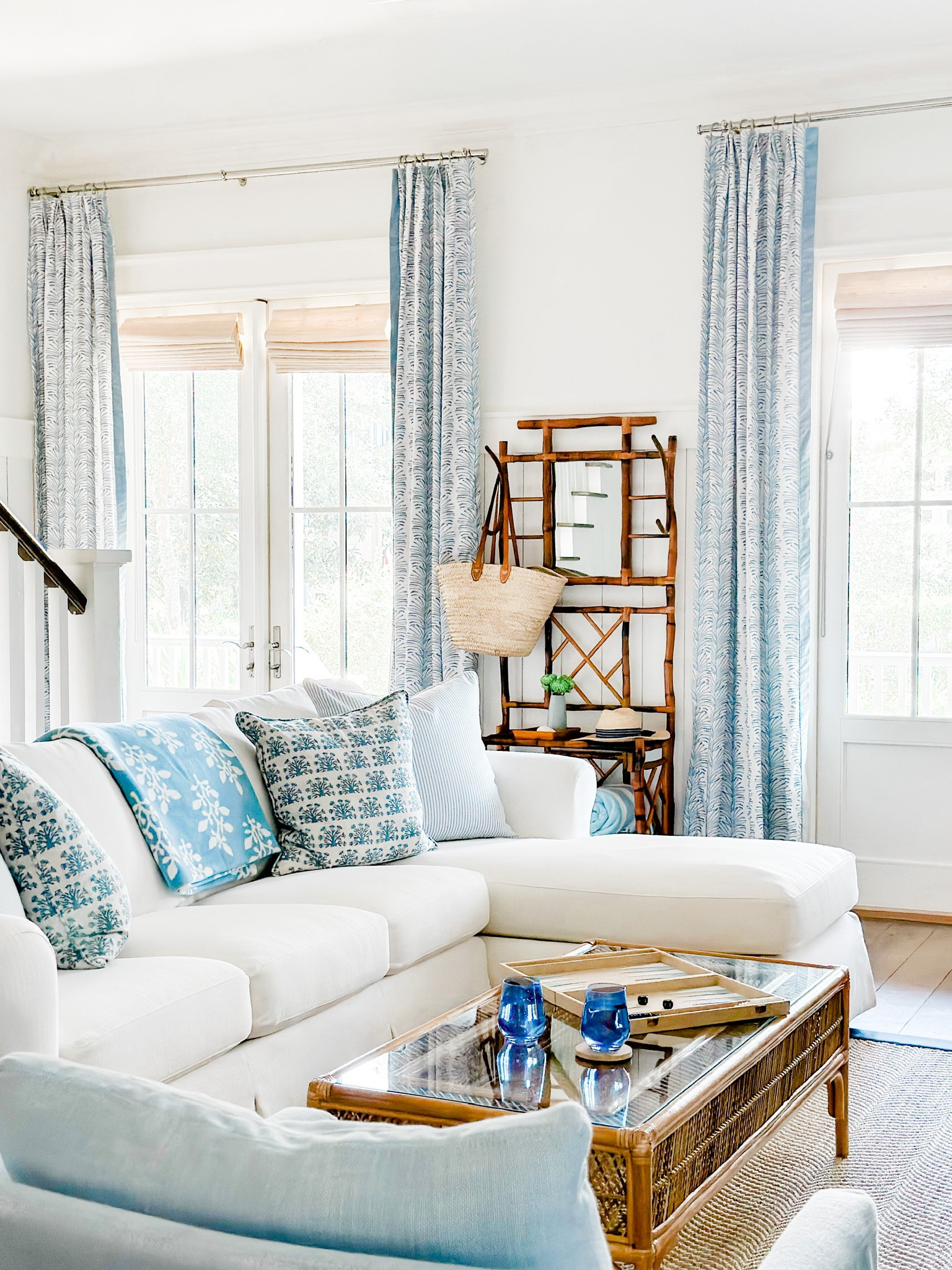 Drapery, beachhouse drapery, halltree, bamboo, sectional, perennials, blue and white pillow, block print, straw bag 