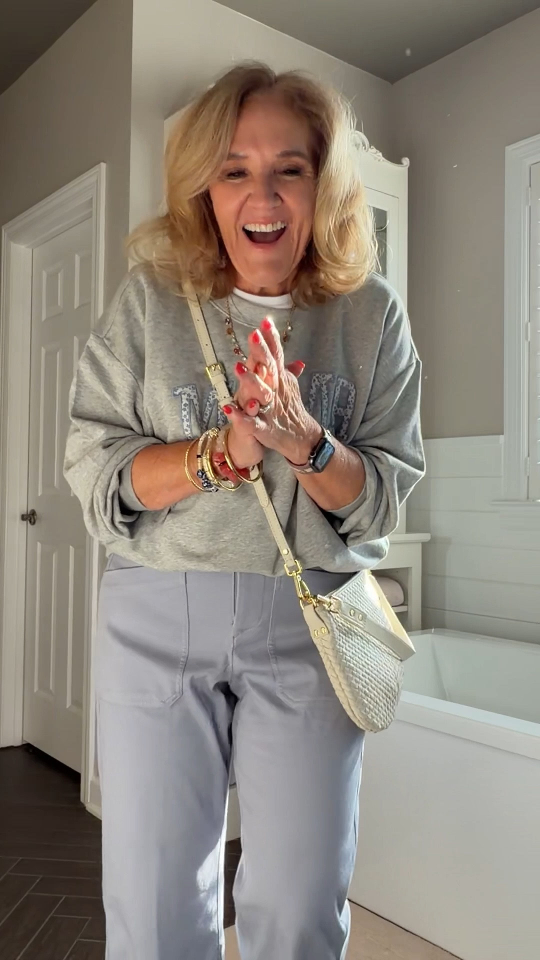 Spanx stretch twill barrel pants. I’m in a small petite. They do run generous 
I’m linking a few other favorite barrel pants and jeans too. 
French terry popover size medium 
Mama sweatshirt medium 
Cotton cashmere sweater medium 
Floral blouse medium 
10% off Eric javits bag code NANETTE
20% off bracelets stack code NANETTE20

Spring outfits 2026 casual work outfits 

#LTKSaleAlert #LTKootd #LTKOver40