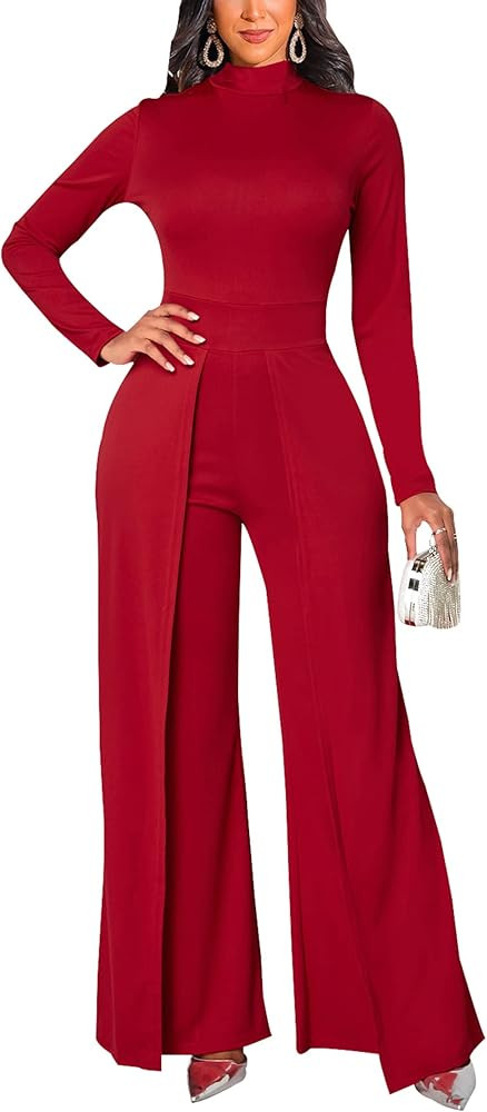 Women's Casual Long Sleeve Round Neck Jumpsuits Work Wide Leg Pants Club Party Loose Rompers | Amazon (US)