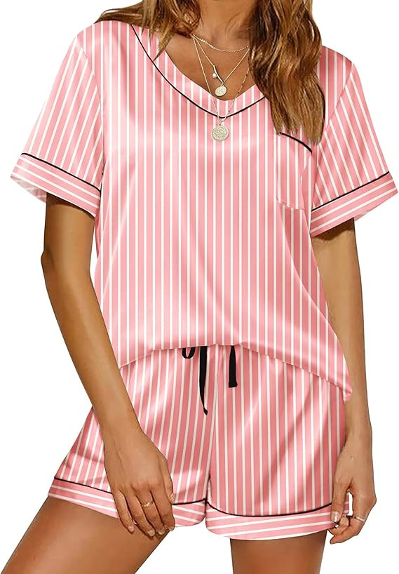 Ekouaer Silk Pajama for Women Short Sleeve Satin Pj Set Two Piece Soft Sleepwear Loungewear S-XXL | Amazon (US)