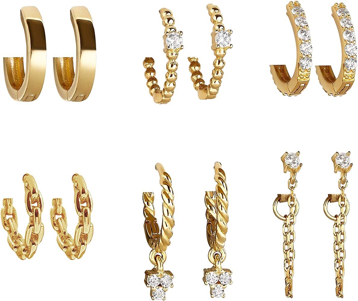 Amazon.com: 6 Pairs Gold Huggies Hoop Earrings Set for Women Girls Small Dangle Chain Hoop Earrin... | Amazon (US)