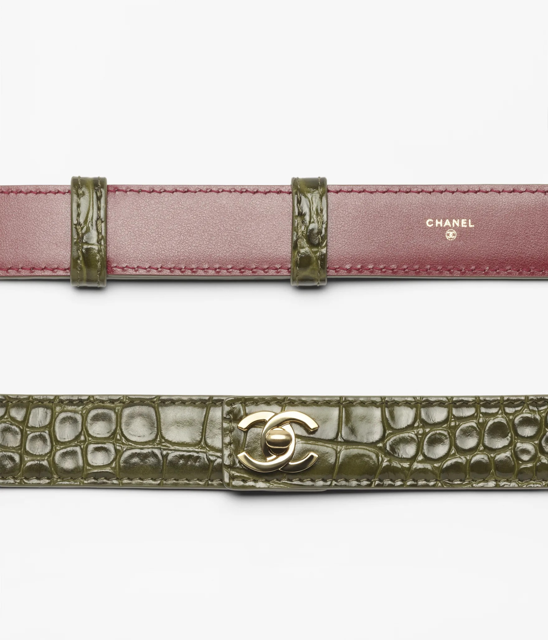 Leather belt - Crocodile embossed calfskin & metal, khaki & gold \u2014 Fashion | CHANEL | Chanel, Inc. (US)