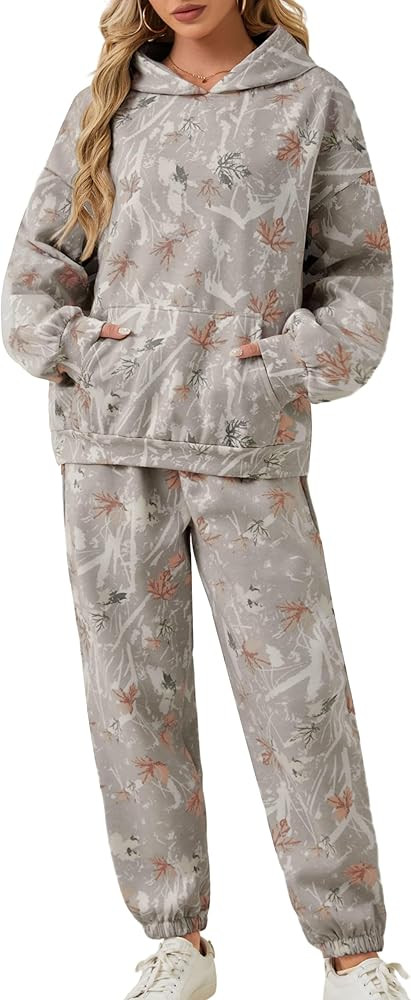 Camo Sweatsuits for Women Set 2 Piece Camo Hoodies Maple Leaf Print Oversized Sweatshirt Lounge S... | Amazon (US)