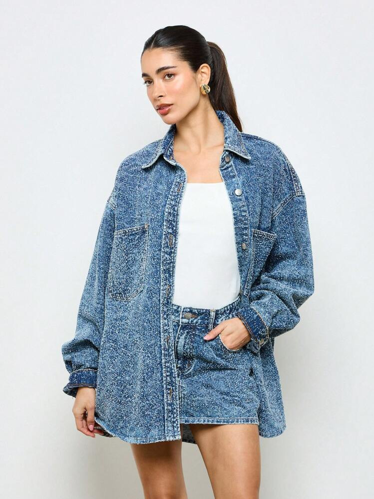 AiiRZ Bouclé oversized denim shirt en minirok set | SHEIN