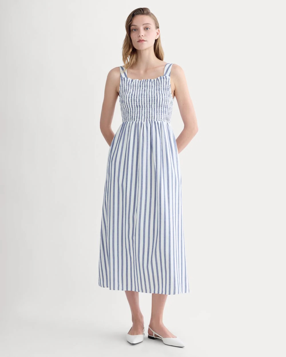 The Gauze Smock Dress | White / Mazarine Blue | Everlane