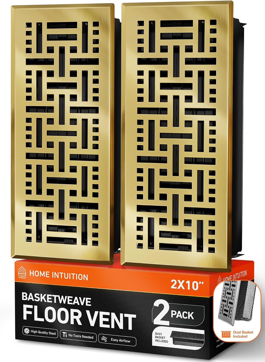 Home Intuition Basketweave Floor Vent Covers 4X12 Inch Floor Register with Mesh Cover Trap Heat and Air Walkable Metal Floor Vent for HVAC Duct, Polished Brass | Amazon (US)