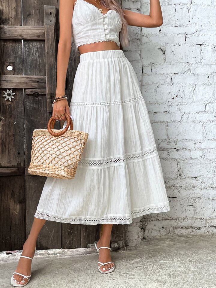 SHEIN VCAY Contrast Lace Ruffle Hem Skirt | SHEIN