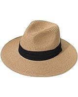 Lanzom Women Wide Brim Straw Panama Roll up Hat Belt Buckle Fedora Beach Sun Hat UPF50+ | Amazon (US)