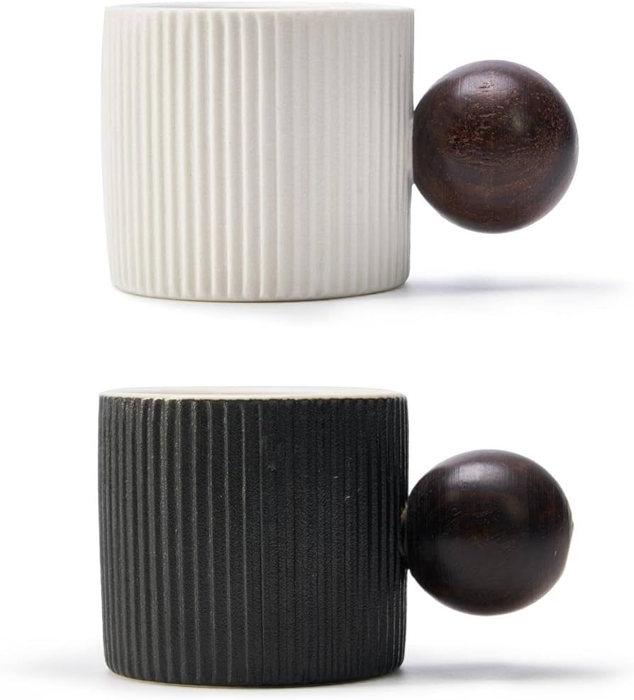 Ceramic Mini Espresso Cups Demitasse Cups with Round Wooden Handle Vertical Stripes Tea Cups (Bla... | Amazon (US)