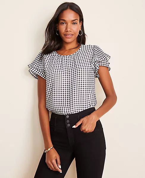 Gingham Pleated Flutter Sleeve Top | Ann Taylor | Ann Taylor (US)