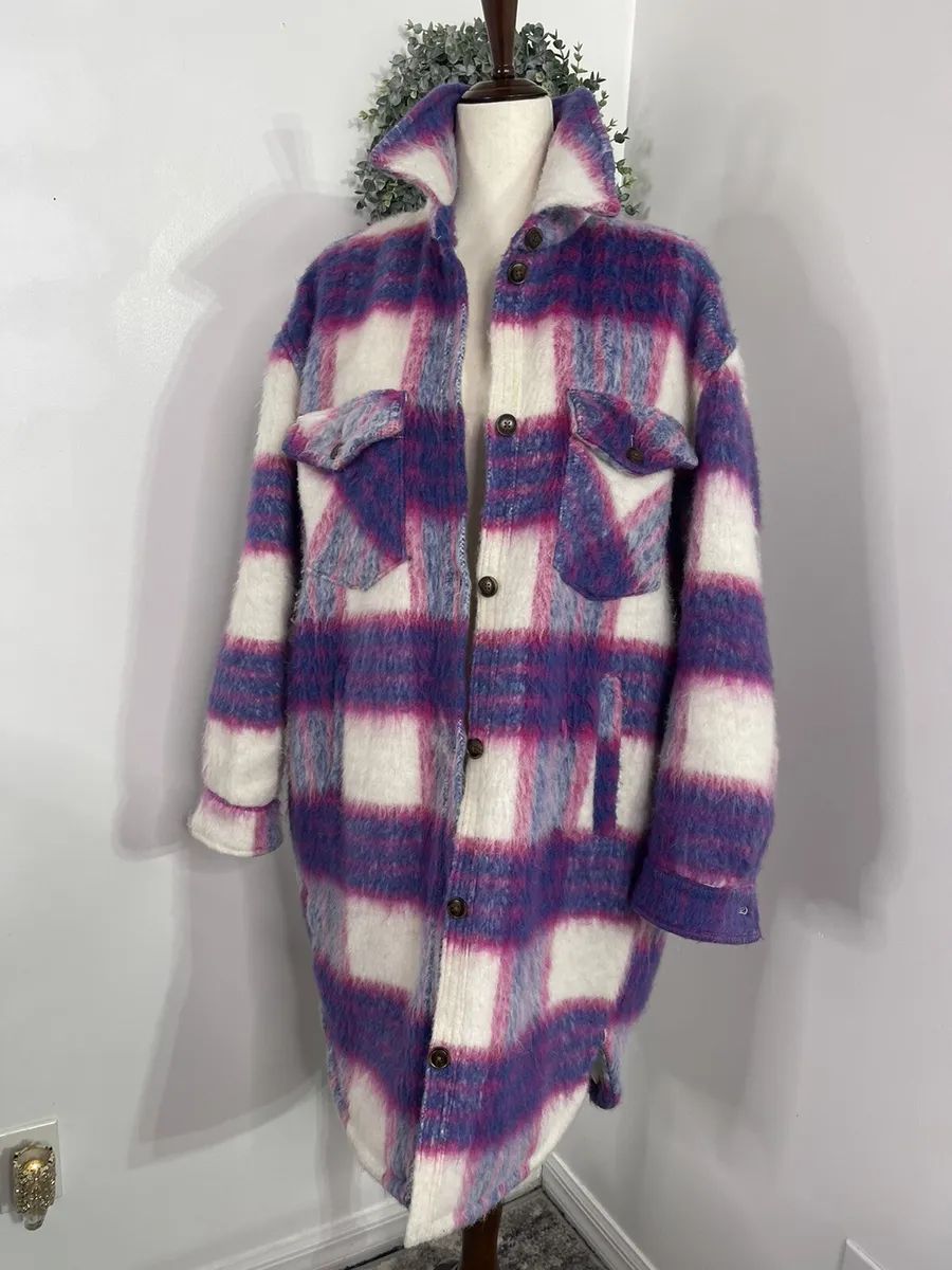 Blank NYC Purple White Plaid Fuzzy Midi Shacket Coat Oversized Wool Blend Sz L  | eBay | eBay US