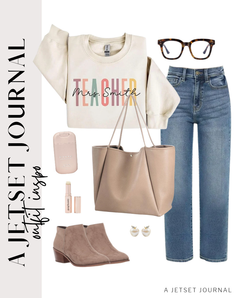 Our first outfit pairs a custom teacher sweatshirt from Handmade with KDF cropped straight-leg jeans. This HOXIS tote bag and Amazon Essentials low-heel ankle boots are perfect for this fit. Finish it off with blue light-blocking glasses. 

 #LTKSeasonal #LTKSaleAlert #LTKTravel