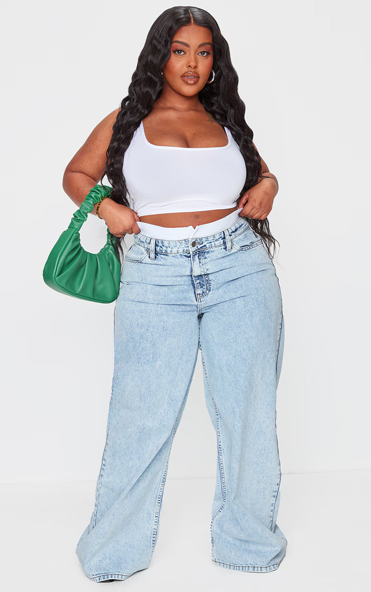 Plus Blue Boxer Detail Waistband Wide Leg Jeans | PrettyLittleThing US