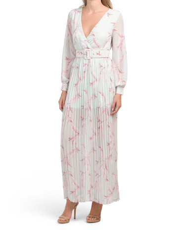 Long Sleeve V-neck Pleated Maxi Dress With Belt | TJ Maxx
