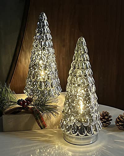 SHMILMH Silver Mercury Glass Christmas Tree, Small Tabletop Christmas Tree with Light, Battery Operated Mini Xmas Tree for Fireplace Bathroom Decor 10", Set of 2 | Amazon (US)