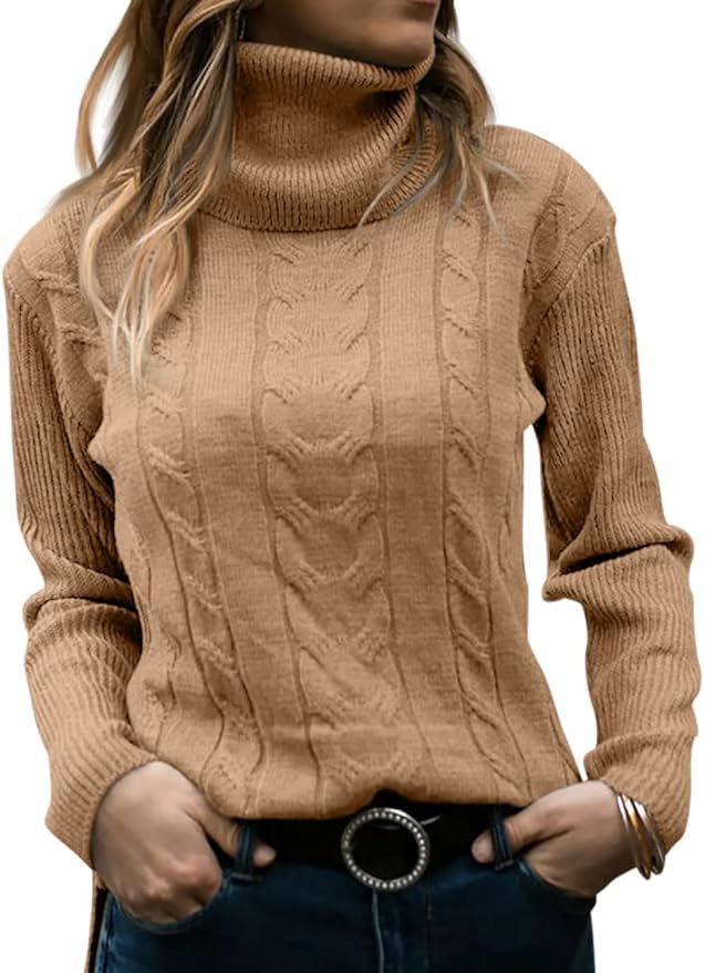 Langwyqu Womens' Turtleneck Long Sleeve Cable Knit Sweaters | Amazon (US)