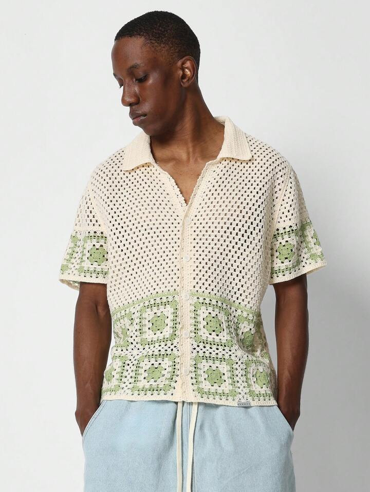 SUMWON Oversized Fit Button Through Crochet Shirt | SHEIN