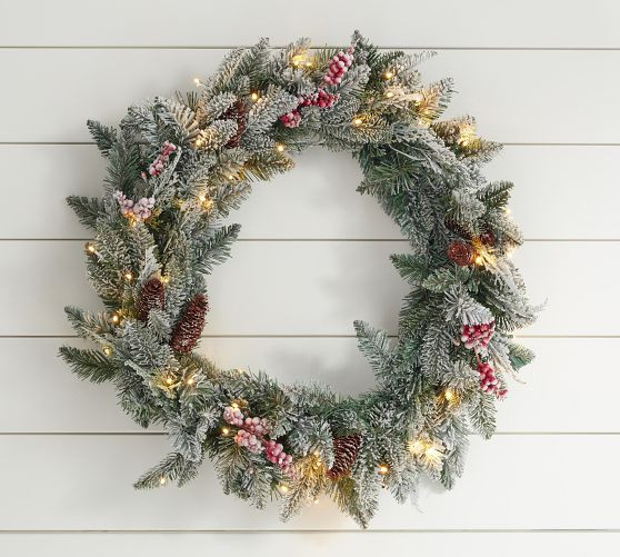 Lit Faux Frosted Pine and Berries Wreath &amp; Garland | Pottery Barn (US)