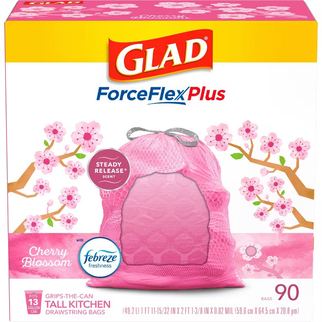 Glad ForceFlexPlus Tall Kitchen Drawstring Pink Trash Bags - Cherry Blossom - 13 Gallon | Target