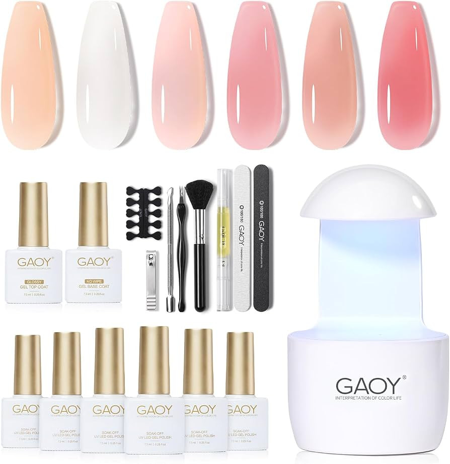GAOY Gel Nail Polish Kit with UV Light for Beginners, 6 Colors Milky White Pink Orange Sheer Gel ... | Amazon (US)