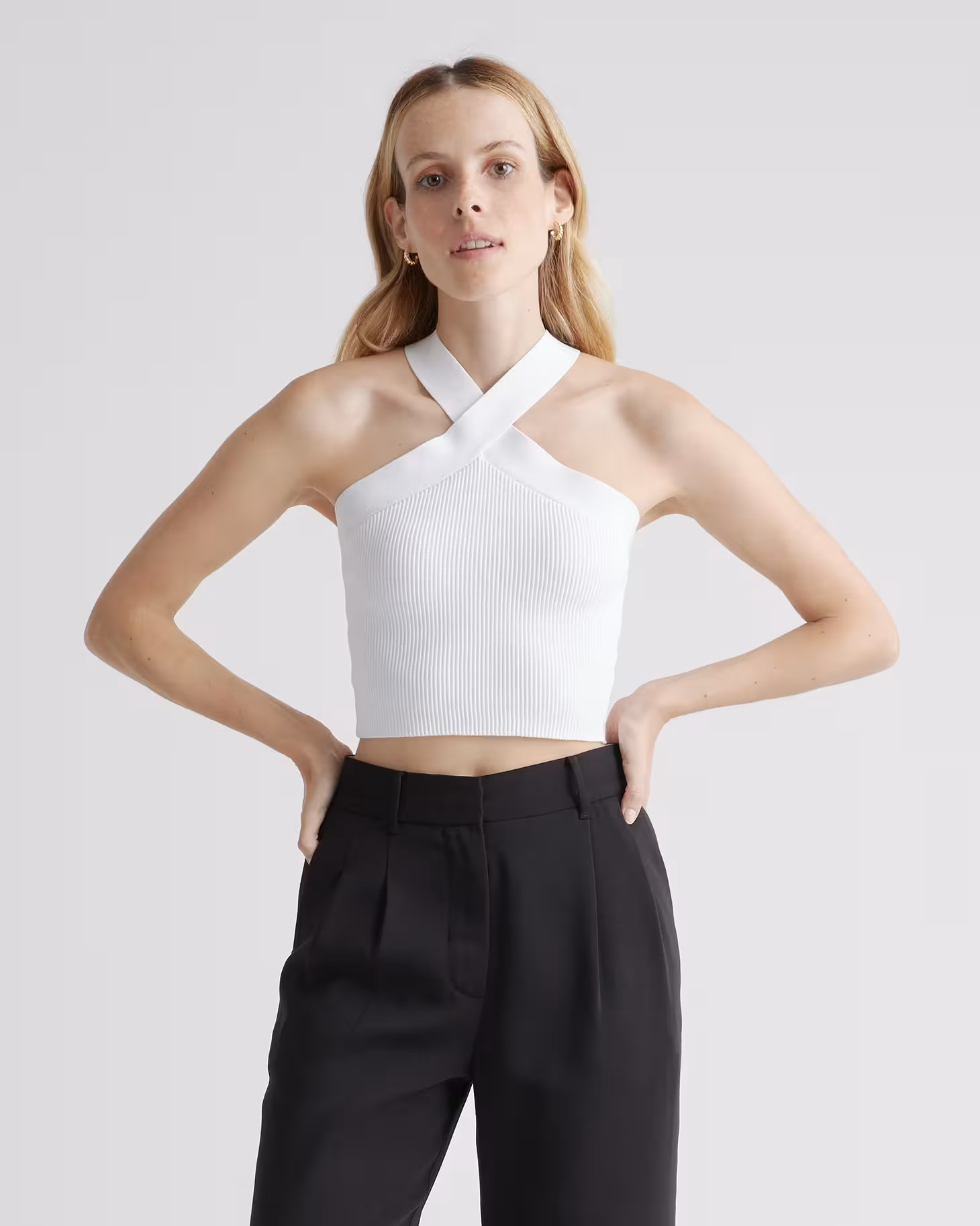 Cropped Halter Ribbed Knit Tank in White | Quince
