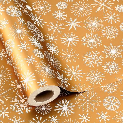 MAYPLUSS Winter Snowflake Christmas Wrapping Paper - 17 Inch X 33 Feet - Christmas Festive White Snowflake Print on Gold Mini Roll Reusable Holiday Gift Paper for Party Wedding Birthday Baby Shower | Amazon (US)