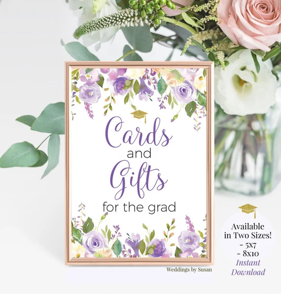 Lavender Bouquet Cards and Gifts for Grad Graduation Party Sign, 5x7 & 8x10 Printable Sign, Purpl... | Etsy (US)