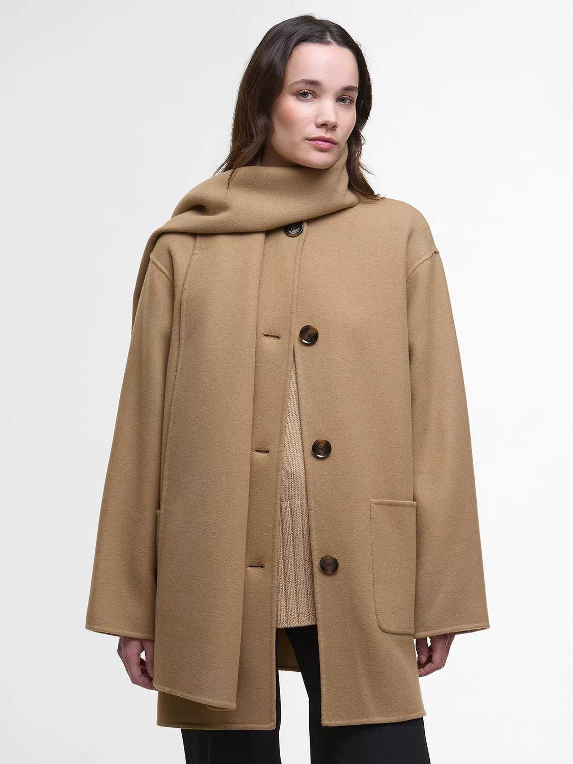 Barbour Clementine Wool Rich Scarf Coat, Camel | John Lewis (UK)