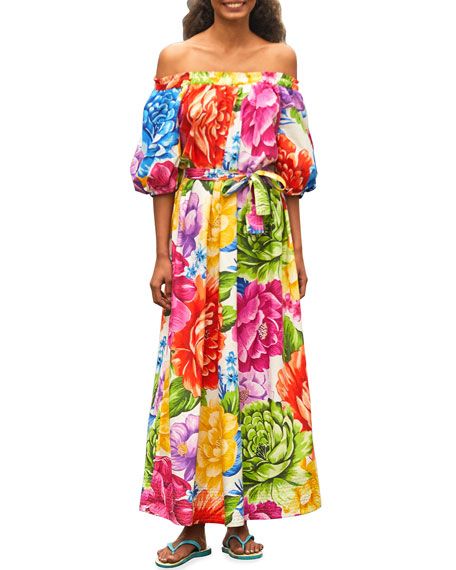 Farm Rio Rainbow Chita Off-the-Shoulder Maxi Dress | Neiman Marcus