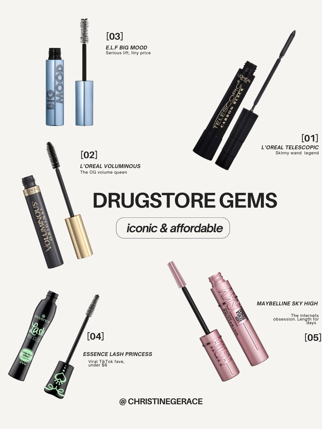 Drugstore gems under $15 iconic and affordable 

Maybelline sky high
L’Oreal telescopic
L’Oreal voluminous
Essence lash princess
Elf big mood

Which drugstore mascara is your holy Grail??? 



#LTKStyleTip #LTKBeauty #LTKFindsUnder50