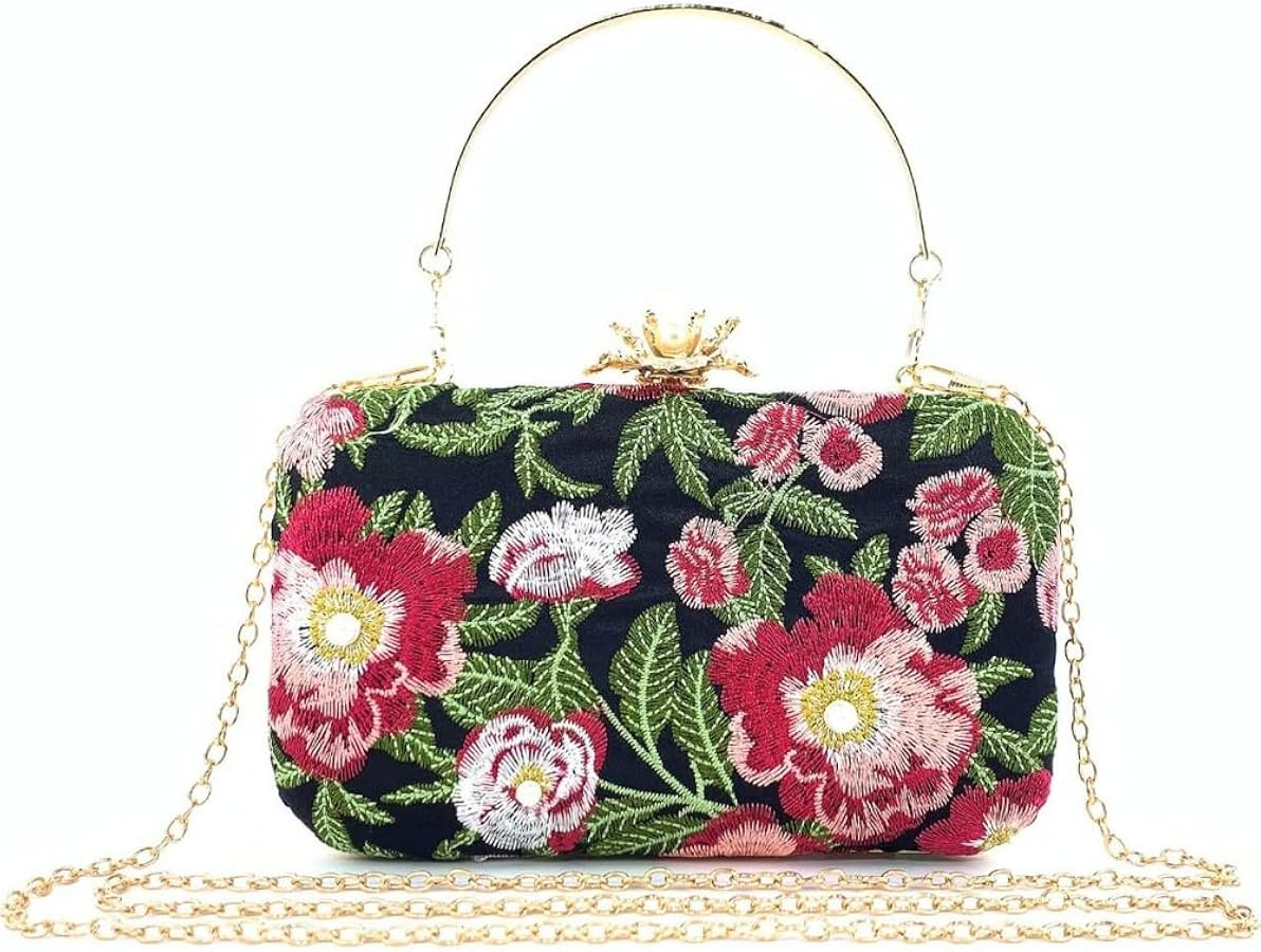Vintage Embroidered Clutch Purse Floral Handbag Pearl Evening Chain Shoulder Bag Small Clutch Pur... | Amazon (US)