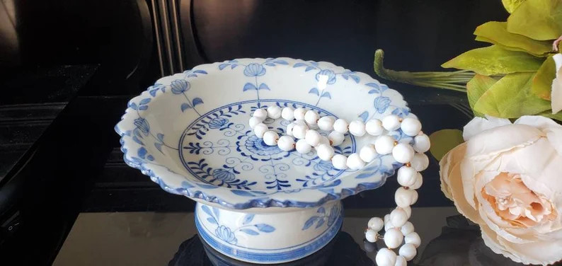 MCM Blue White Pedestal Bowl Hand Painted In Thailand l VIntage Catch All Bowl Entryway Vanity Ki... | Etsy (US)