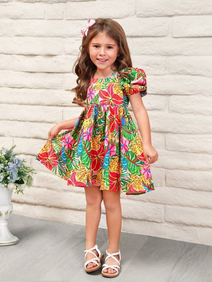 SHEIN Young Girl Woven Floral Print Square Neck Bubble Sleeve Integrated Casual Holiday Dress | SHEIN