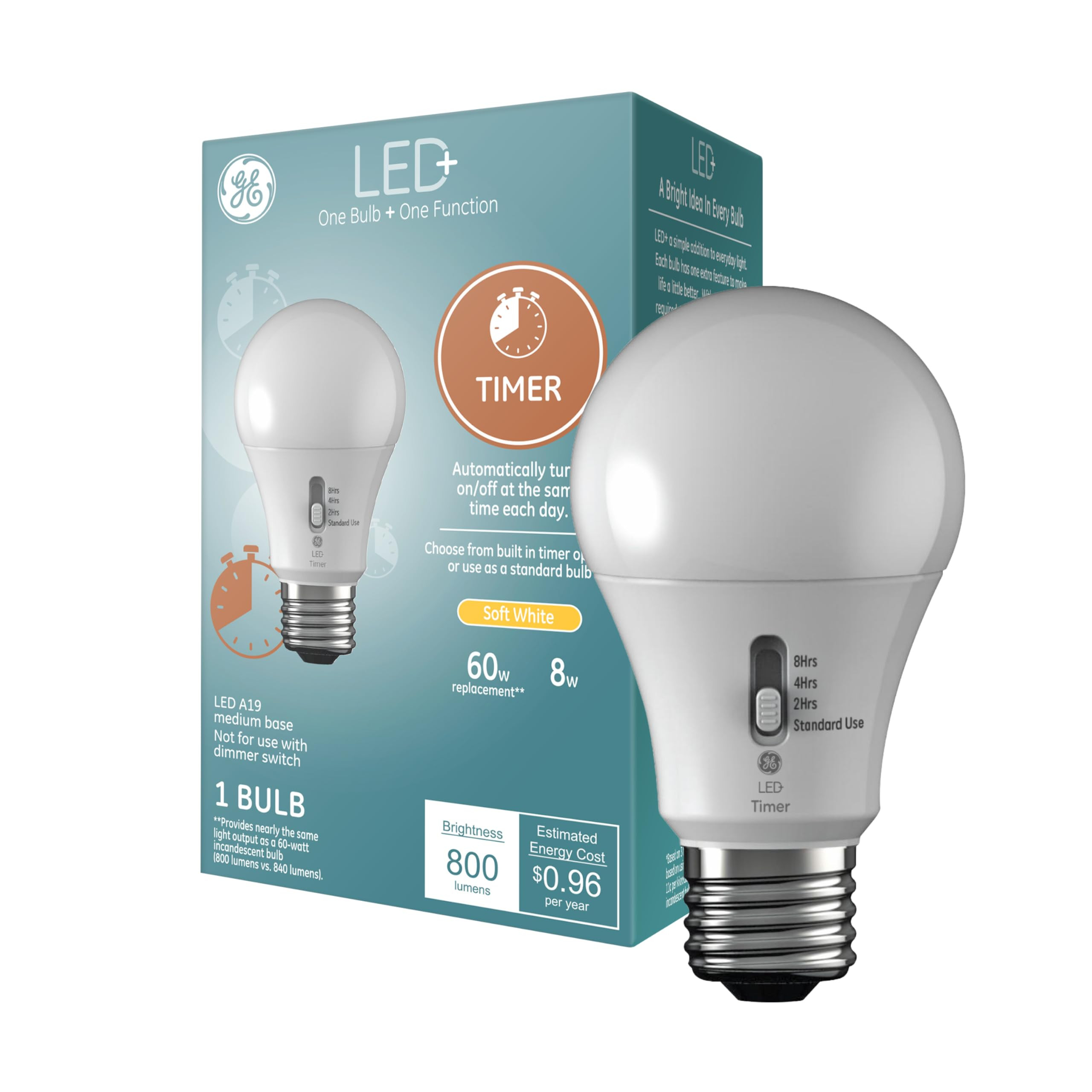 GE LED+ Timer A19 LED Light Bulbs, Built-in Automatic Indoor Timer Light, 8W, Soft White (1 Pack) | Amazon (US)