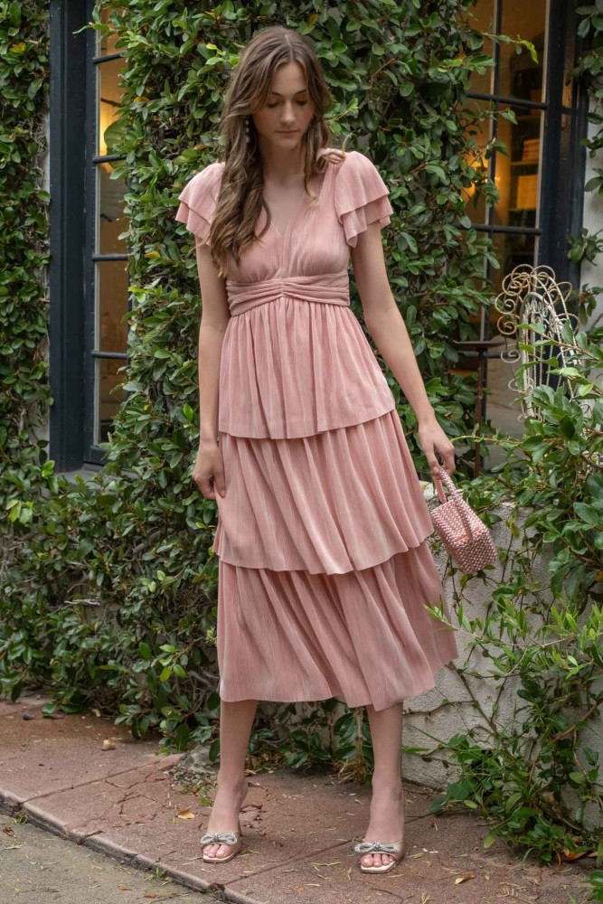 Pink Pleated Tiered Midi Dress | PinkBlush Maternity