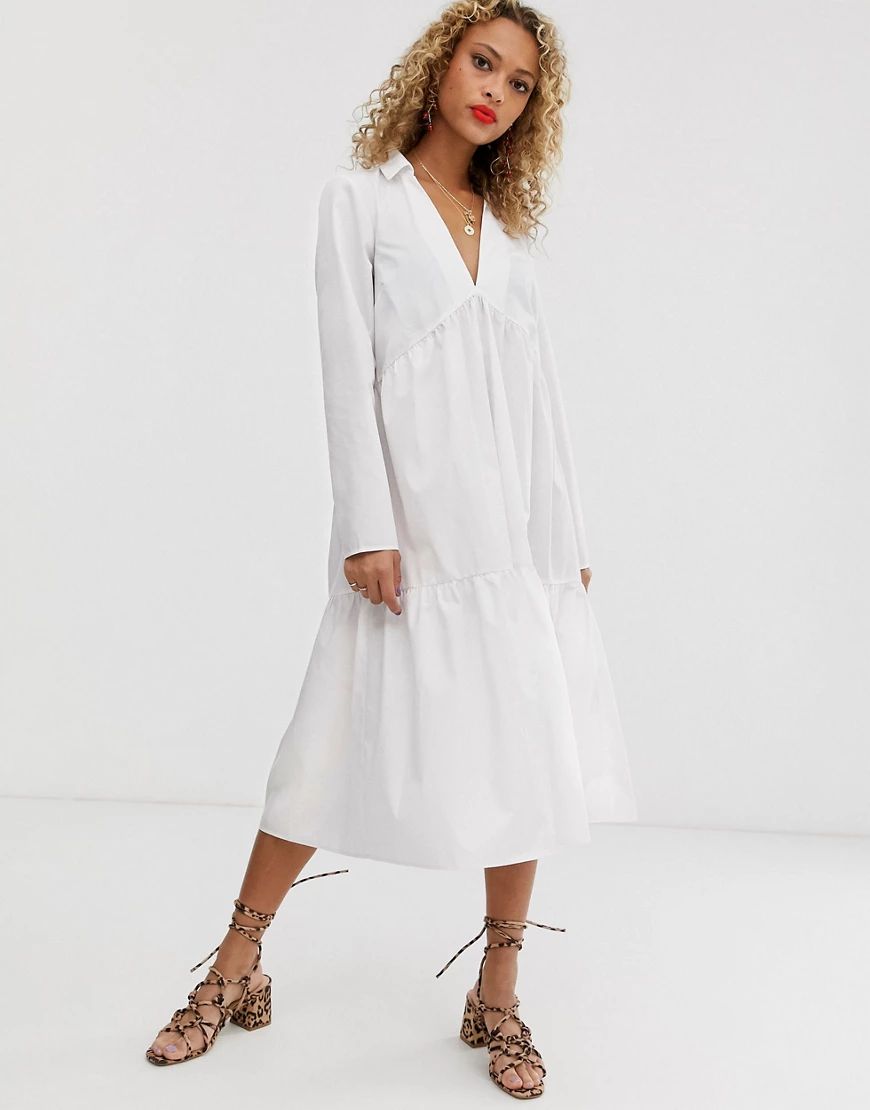 ASOS DESIGN tiered collared cotton smock midi dress with long sleeves-White | ASOS (Global)