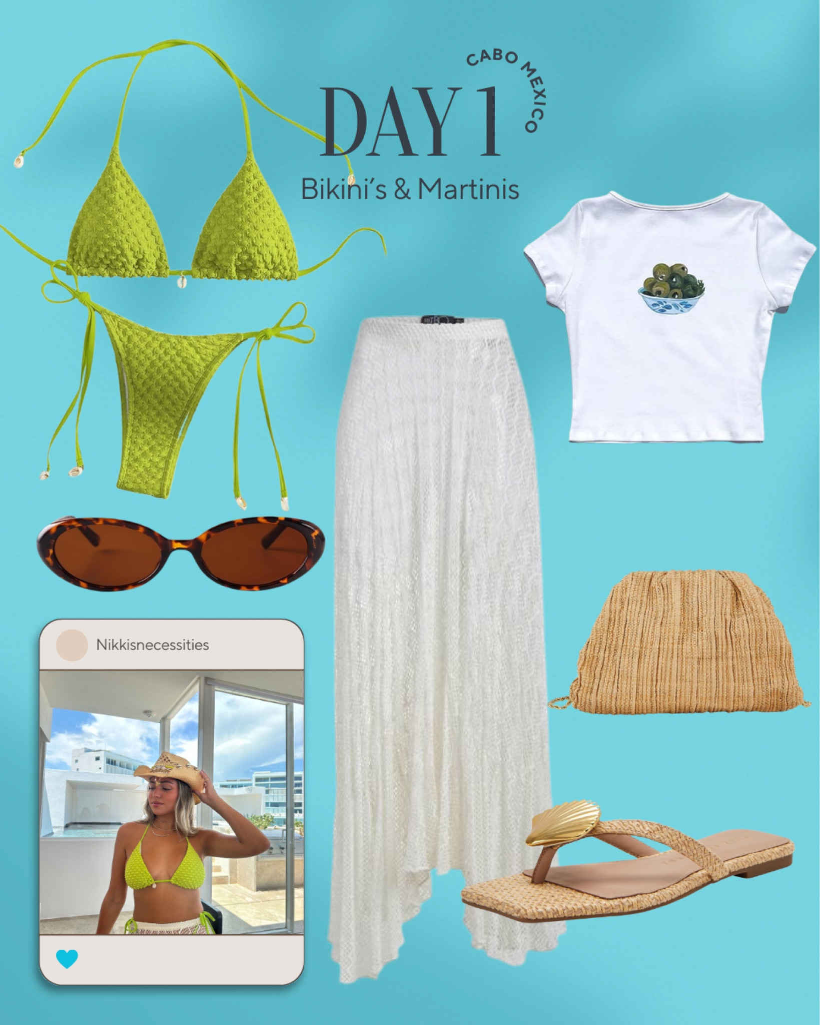 Vacation outfits 
bachelorette outfits 
Cabo outfits 
Mexico vacation 
Vacation outfits 
Bikini inspo 
Amazon bikini mareen bikini 
Textured bikini 
Amazon finds 
Leoffler randall 
Katy Perry flip flops 
Shell flip slops 
Raffia bag 
Raffia heels 
Clutch 
Amazon sunglasses 
Baby tee 
Martini tee 

#LTKFindsUnder100 #LTKTravel #LTKSwim