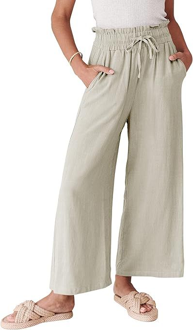 ANRABESS Women's Linen Pants Casual Loose High Waist Drawstring Wide Leg Capri Palazzo Pants Trou... | Amazon (US)